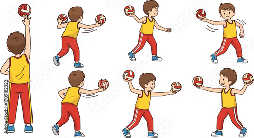 Cartoon child playing volleyball in active action poses, sports illustration for kids, exercise, training, dynamic movement, health, game, technique
