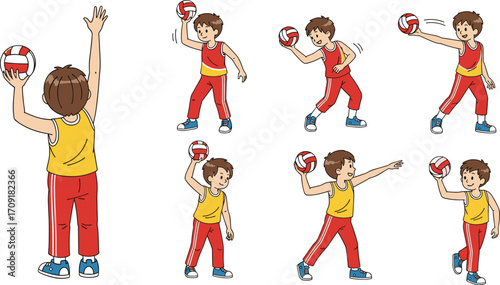Cartoon child serving volleyball in dynamic action sequence, sports illustration for kids, exercise, training, movement, health, game, athletic pose