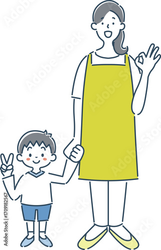 オッケーサインをしている笑顔の女性保育士と男の子の園児のシンプルな線画イラスト素材