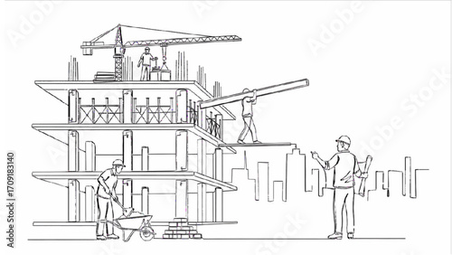 Continuous Line Construction Workers Illustration – Men Building Construction Black Line Art Vector