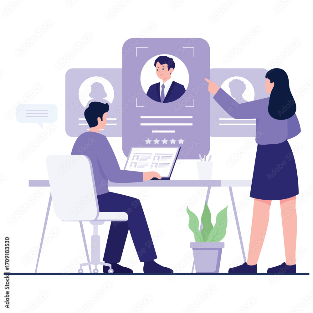 Fototapeta premium Human Resources Illustration. Vector illustration of HR colleagues discuss and review a candidate profile at a desk, comparing resumes and performance data. Isolated on background