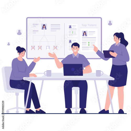 Human Resources Illustration. Vector illustration of Recruiters review resumes and mark candidates on a board to identify top talent during a selection session. Isolated on background