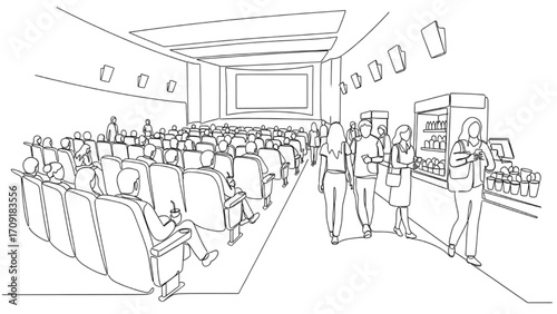 Minimalist One Line Illustration of People Enjoying Movie Theater – Continuous Line Cinema Scene