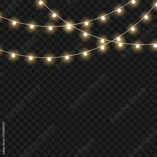 Glowing Christmas lights garland for festive holiday and party decor. Vector