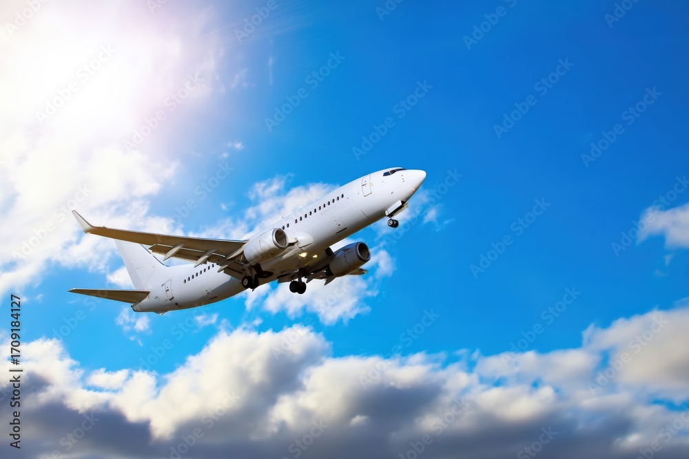 Fototapeta premium White passenger airplane soaring through a vibrant blue sky filled with fluffy clouds, illuminated by the bright sun above