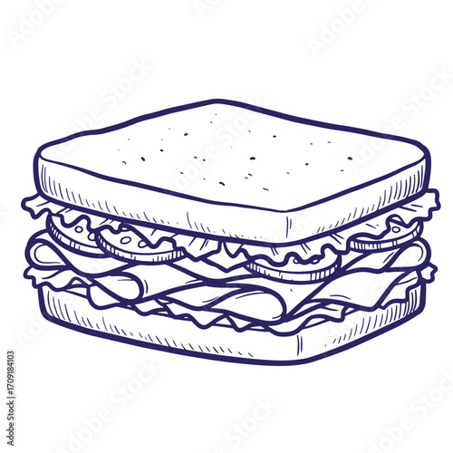 Hand drawn sandwich illustration showcasing ingredients like lettuce tomato and deli meat layered together