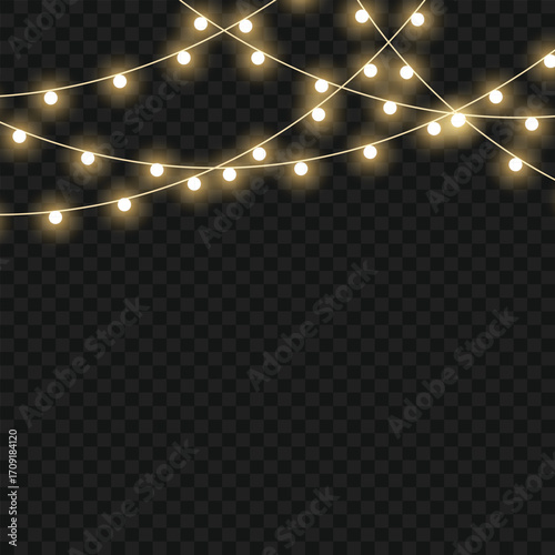 Glowing Christmas lights garland for festive holiday and party decor. Vector