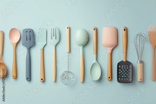 Pastel Kitchen Utensils Arranged On A Light Blue Background