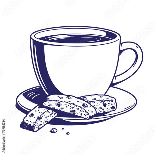 Hand-drawn coffee cup with saucer and delicious biscotti cookies illustration design