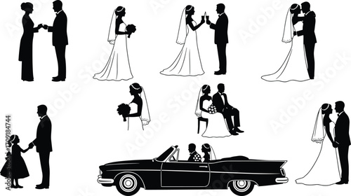 Wedding day silhouettes, bride and groom, romantic moments, vintage car, marriage ceremony, celebration, love, bride bouquet, vows exchange, happy couple.