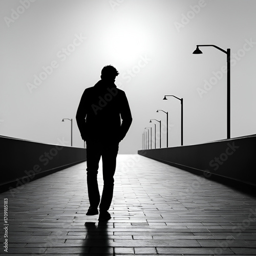 Depressed stressed man silhouette walking alone