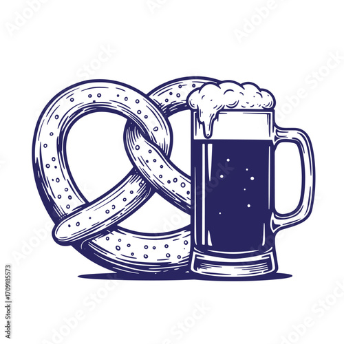 Hand-drawn pretzel and beer mug illustration for oktoberfest celebrations and culinary events.