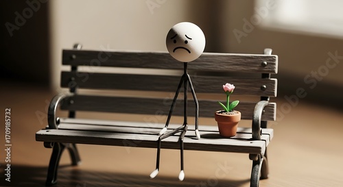 A small stick figure with a sad face is sitting on a bench next to a small flower. 