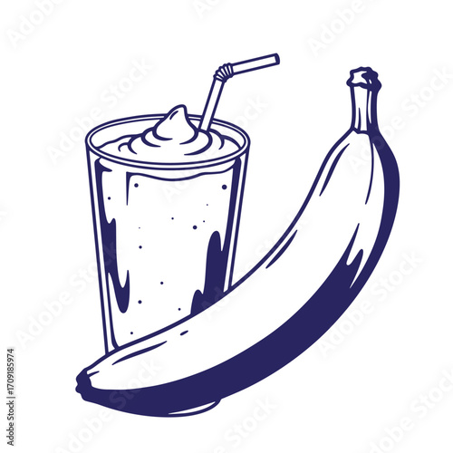 Healthy banana smoothie illustration with a fresh fruit and beverage on a white background