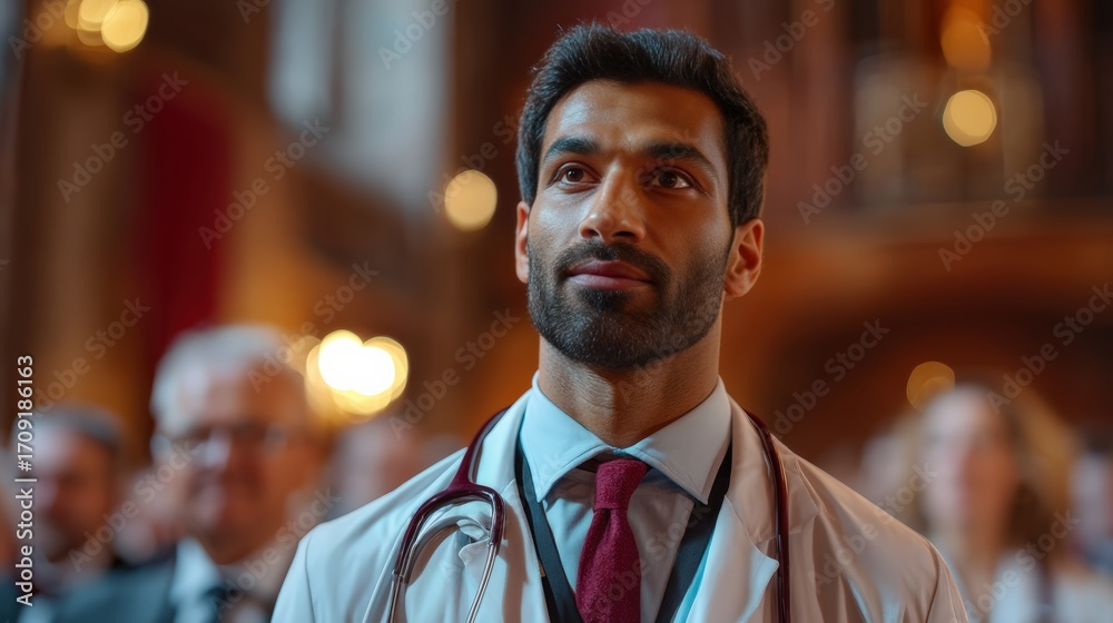 Fototapeta premium A doctor in formal attire, attending a gala event in a grand hall, a scene of professional recognition.