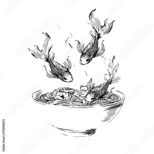 Three goldfish hovering above a bowl of noodles with vegetables in a black and white ink drawing style
