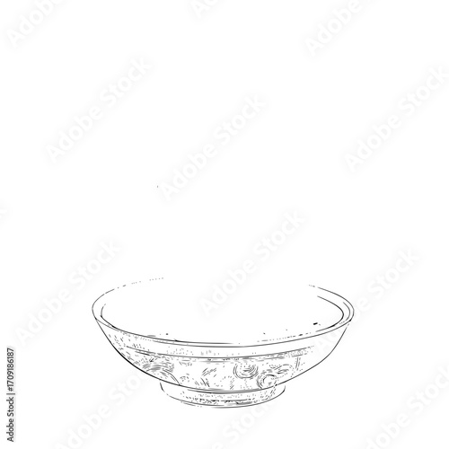 Sketch of a decorative bowl with a circular pattern and a pedestal base on a white background space