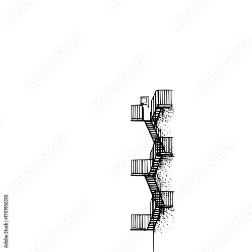 Illustration of a building with fire escape stairs on the side against a white background showing detail 100