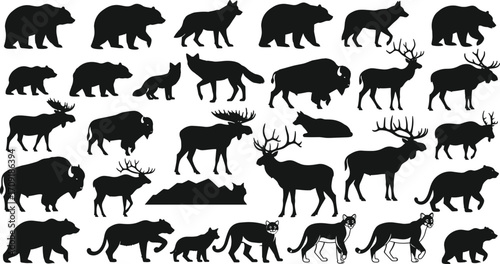 Wild animal silhouettes, forest wildlife vector, bear wolf deer moose bison cougar illustrations, nature icons, hunting animals, mountain wildlife collection