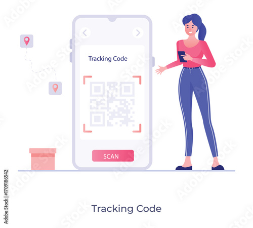 Vector elements of the office environment  A woman holding a smartphone showing a “Tracking Code” with a QR code on the screen. There's a trash bin and a location pin in the background