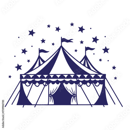 Illustrated dark blue and white circus tent with stars on a clean white background