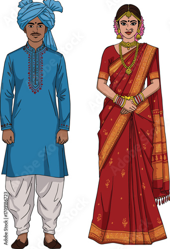 Man in blue kurta with turban and woman in red saree, traditional Indian attire, flat vector illustration, CAD drawing style, cultural festive clothing scene