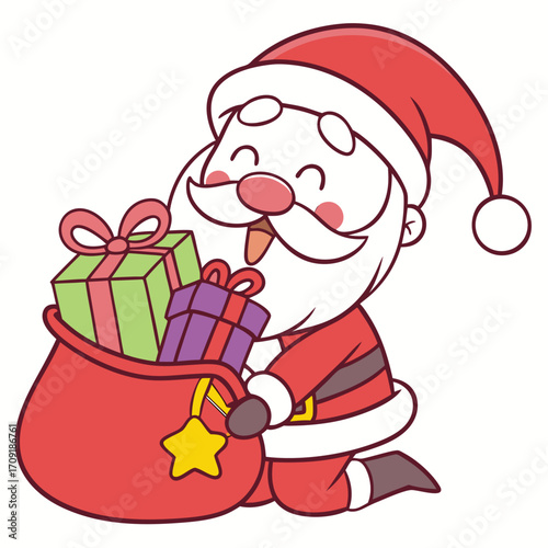 Santa Claus kneels with a red sack of gifts, smiling in his classic red suit and hat, with colorful presents visible inside.