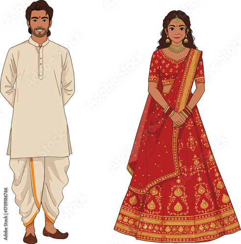 Man in cream kurta and woman in red lehenga choli, traditional Indian attire, flat vector illustration, CAD drawing style, cultural festive clothing scene