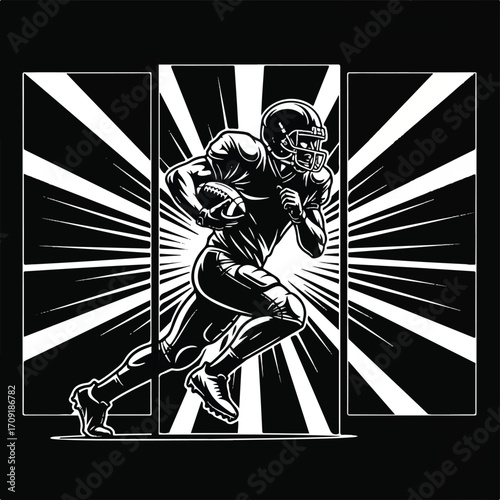 Black and white illustration of a football player running with the ball, dynamic pose.