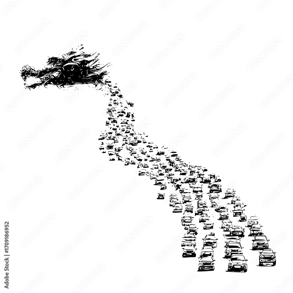 Fototapeta premium A dragon head formed from a stream of cars in black and white on a white background creating an illusion