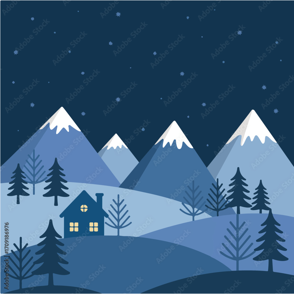 Fototapeta premium Cozy Winter Cabin in Snowy Mountain Landscape – Vector Illustration