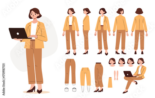 Business woman character constructor for animation. Front, side and back view set. Body parts, postures, poses collection. Vector illustration.  