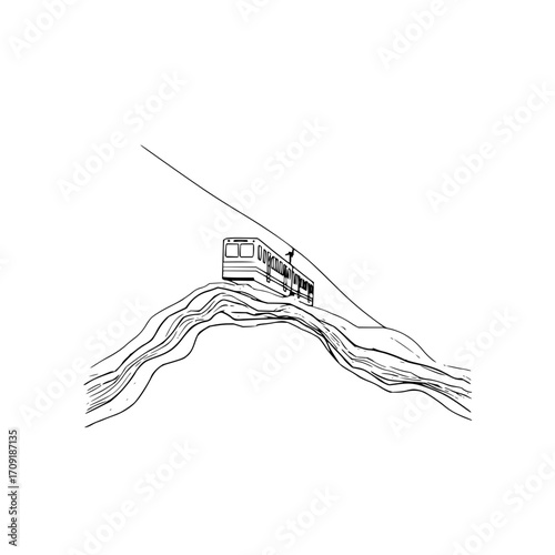 A monochrome line drawing of a train ascending a hill on a cable railway system in a minimalist style
