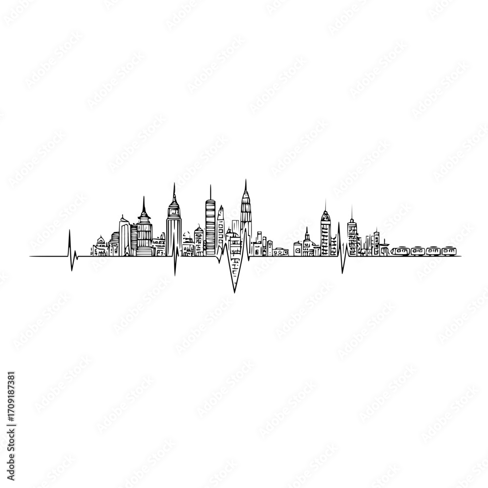 Obraz premium City skyline silhouette with an electrocardiogram line running through the buildings and structures art