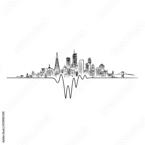 Cityscape silhouette with bridge and central waveform design in black and white minimalist style art