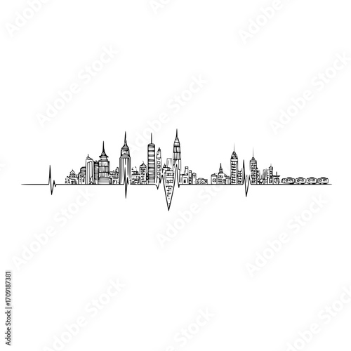 City skyline silhouette with an electrocardiogram line running through the buildings and structures art