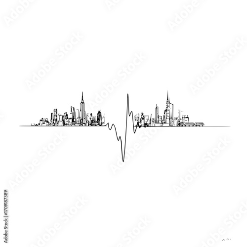 Monochrome skyline illustration featuring city buildings and a central heartbeat line design element