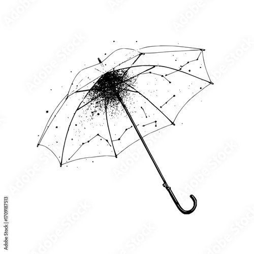 Illustration of a transparent umbrella with black ink splatter and constellation pattern on a white background