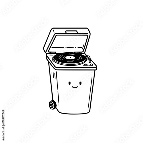A whimsical illustration of a record player placed on top of a smiling trash can with an open lid