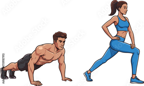 Man doing push‑up and woman performing lunge exercise, fitness training, workout illustration, flat vector illustration, CAD drawing style, strength and conditioning exercise scene