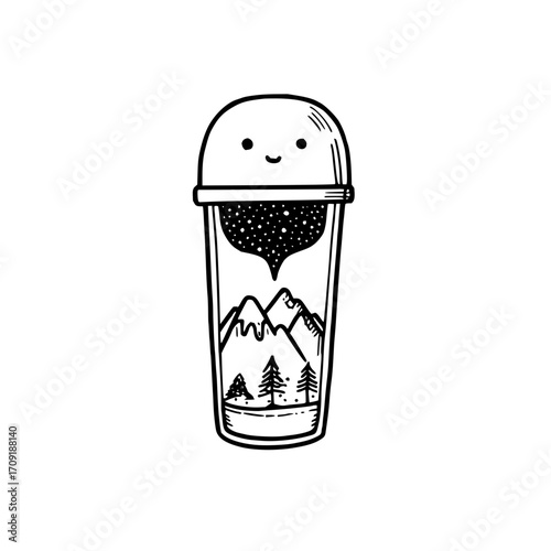 Illustration of a cup with a smiley face lid containing mountains trees and a starry night scene inside it