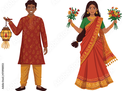 Man and woman in traditional Indian attire, Diwali celebration, holding lantern and flower bouquets, flat vector illustration, CAD drawing style, cultural festive scene with ethnic clothing