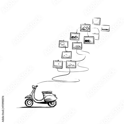 Illustration of a scooter with a string of hanging pictures trailing behind it on a white background