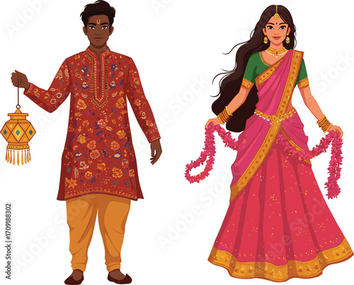 Man and woman in traditional Indian attire, Diwali celebration, cultural festival, holding lantern and flower garlands, flat vector illustration, CAD drawing style, festive ethnic scene