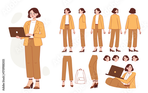 Business woman character constructor for animation. Front, side and back view set. Body parts, postures, poses collection. Vector illustration.  