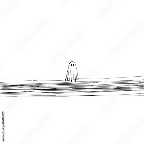 A simple drawing of a ghost standing on a set of lines in black and white with a minimalist design
