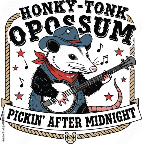 Honky-Tonk Opossum Illustration – Cartoon Possum Playing Banjo with Cowboy Hat, Stars, and Midnight Music Theme