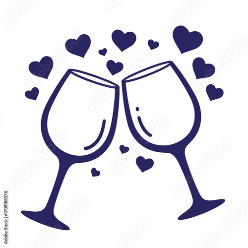 Two wine glasses clinking with floating hearts against a white background celebrating love