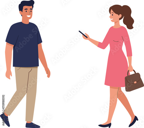 Man and woman walking towards each other, casual meeting, friendly conversation, modern lifestyle, flat vector illustration, CAD drawing style, business and social interaction scene