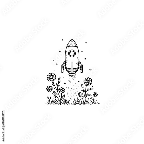 A hand drawn rocket ship launching from a field of flowers with stars in the background in black and white